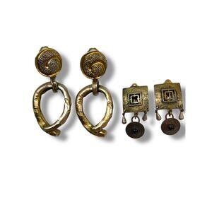 2 Pair Clip On Earrings Non-Pierced Vintage Goldtone Drop Dangle